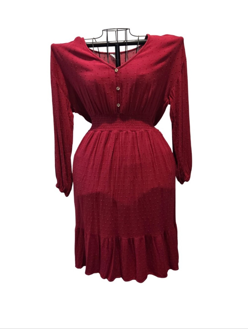 Smocked-Waist Long Sleeve Midi Dress in Burgundy